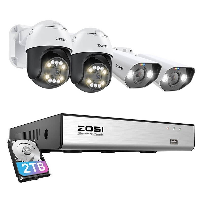 IP-камера ZOSI 2 шт. C296 WiFi 5 МП и 2 шт C182 WiFi 8 МП + сетевой видеорегистратор 8 каналов + жесткий диск 2 ТБ