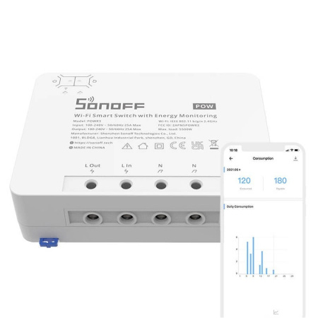 Viedais Wi-Fi slēdzis ar enerģijas pārraudzības Sonoff POWR3 (25A/5500W)
