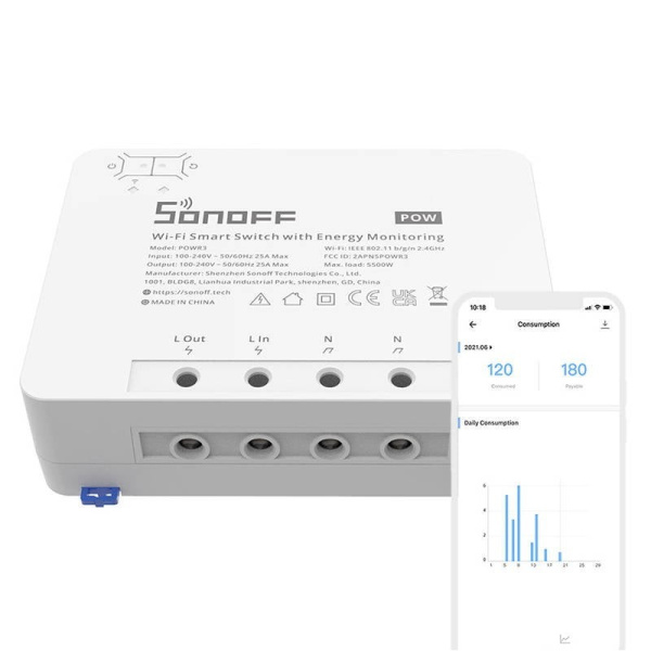 Viedais Wi-Fi slēdzis ar enerģijas pārraudzības Sonoff POWR3 (25A/5500W)